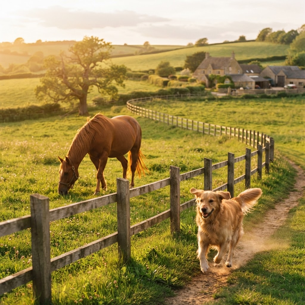 A horse grazing in a green pasture with a dog running nearby at golden hour